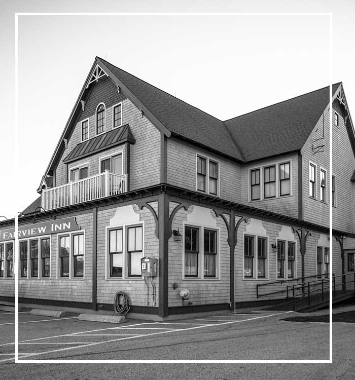 Black and white photo of The Grill at Fairview Inn Restaurant, Marshfield, Massachusetts.