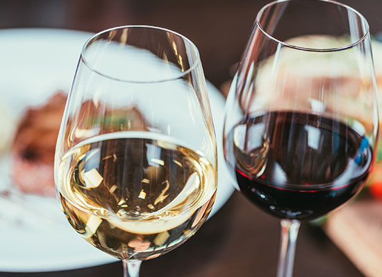 Two glasses of wine at The Grill at Fairview Inn Restaurant, Marshfield, Massachusetts.